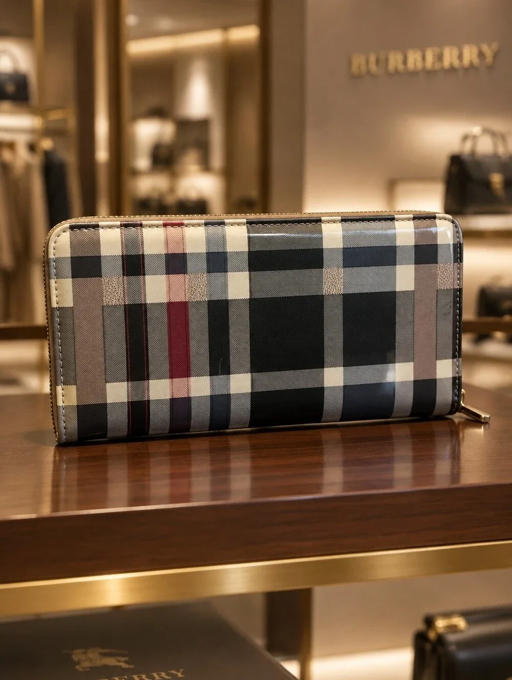 Burberry Plaid Vinyl Zip Wallet Clutch in Beige, Red, Black